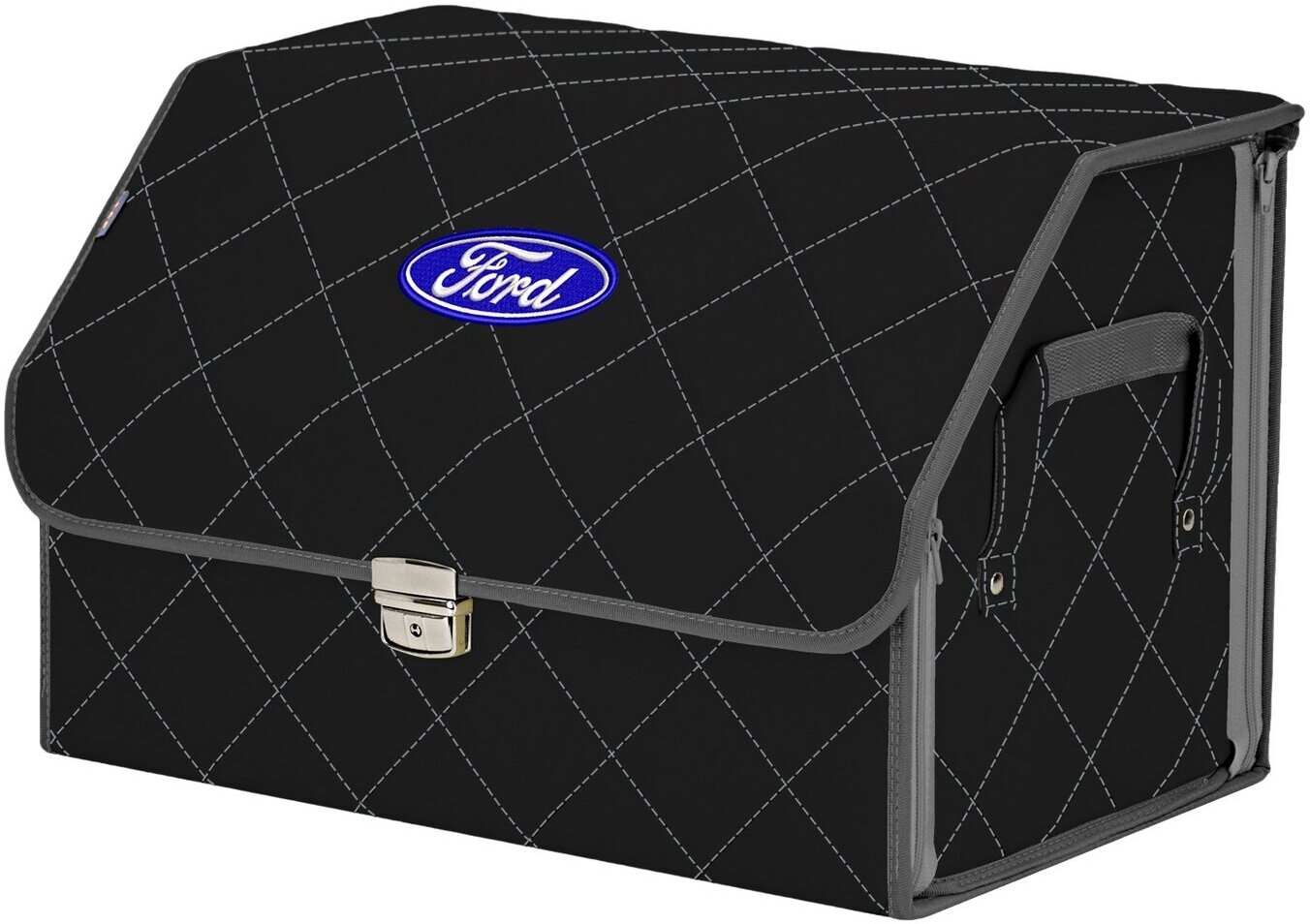Органайзер-саквояж в багажник "Союз Премиум" (размер L). Цвет: черный с серой прострочкой Ромб и вышивкой Ford (Форд).