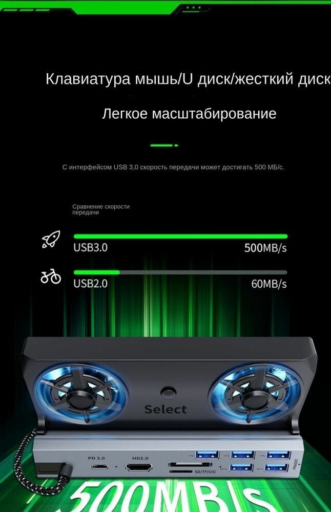 Док-станция Steam Deck с RGB подсветкой Охлаждающий вентилятор Зарядная база USB HDMI HD 4K60HZ 10 в 1