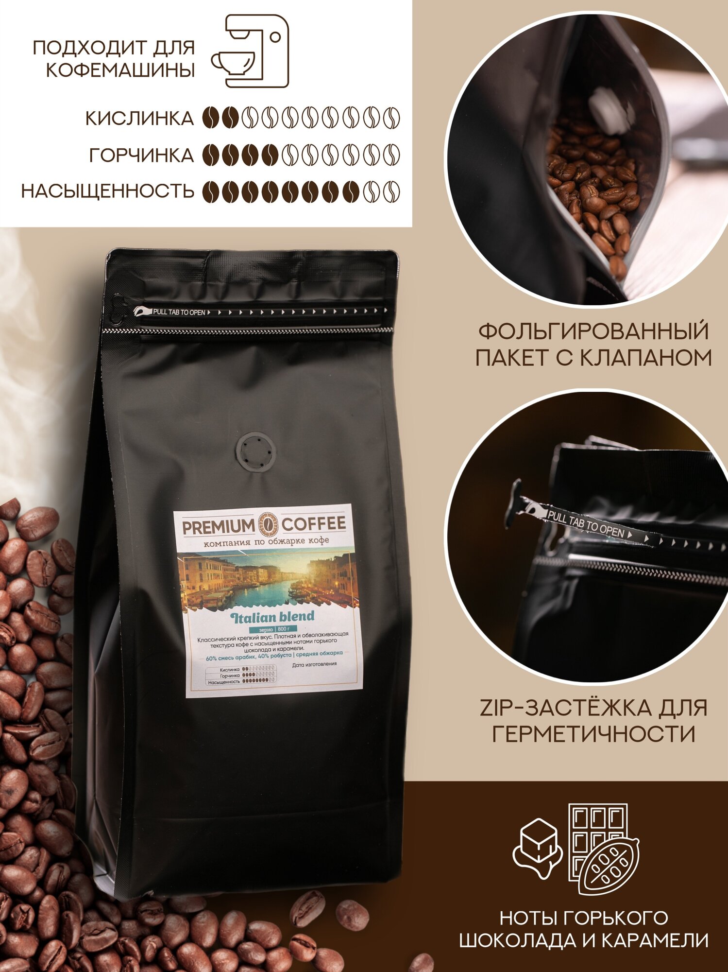 Кофе в зернах Premium Coffee "Italian Blend" 800 гр (100% арабика, зерновой свежеобжаренный кофе) - фотография № 5
