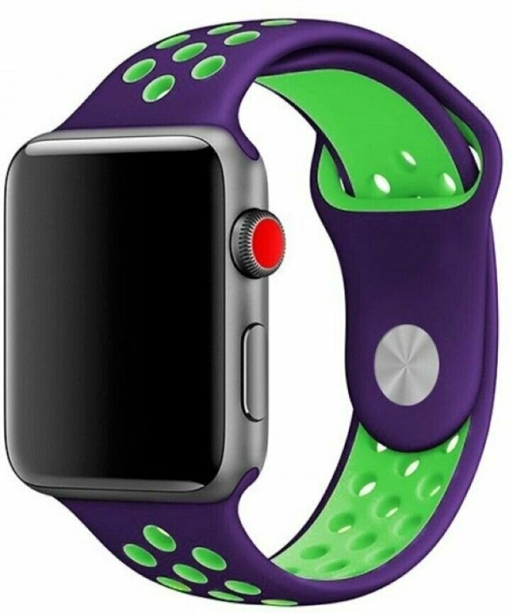 Ремешок для смарт-часов Apple Watch Series 1 2 3 4 SE 5 6 7 8 Nike силиконовый найк перфорация браслет 38/40/41 мм, фиолетовый зеленый
