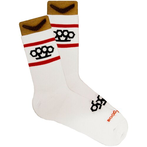 фото Белые носки с дерзким принтом кастет высокие хлопковые спортивная резинка от бенда booomerangs