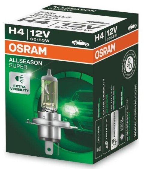 Лампа автомобильная Osram AllSeason Super H4 65W P43t+30% 3000K 12V, 1шт, 64193ALS