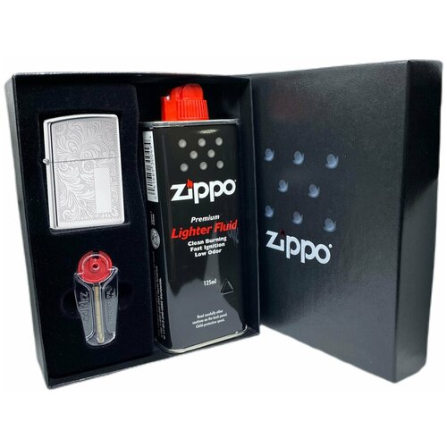 Подарочный набор ZIPPO ( Зажигалка ZIPPO 352 Venetian, серебристая, с покрытием High Polish Chrome + кремни + топливо, 125 мл )