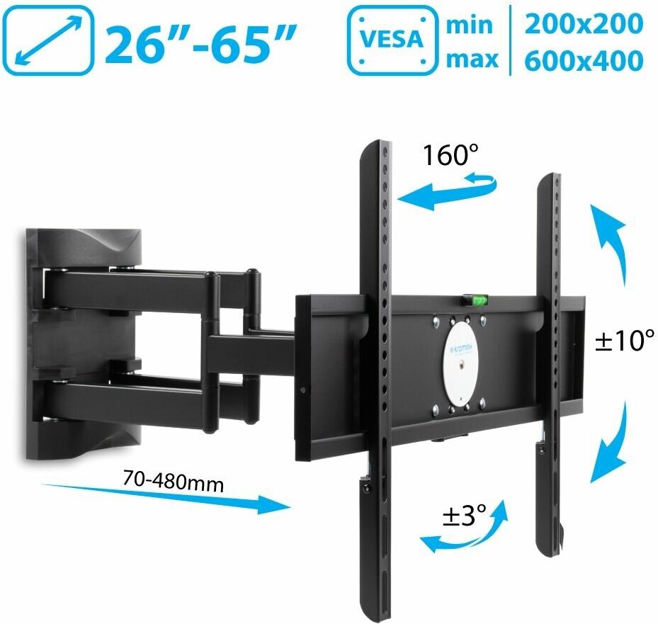 Кронштейн для телевизора Kromax ATLANTIS-55, 26-65", настенный, поворотно-выдвижной и наклонный, черный [29008]