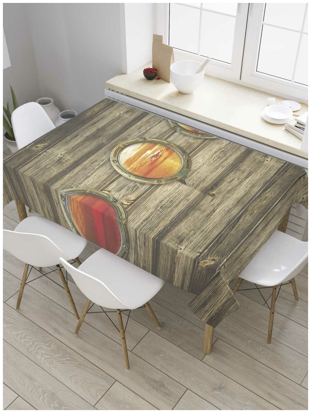 Скатерть прямоугольная JoyArty на кухонный стол "Закат в иллюминаторе" из оксфорда, 120x145 см