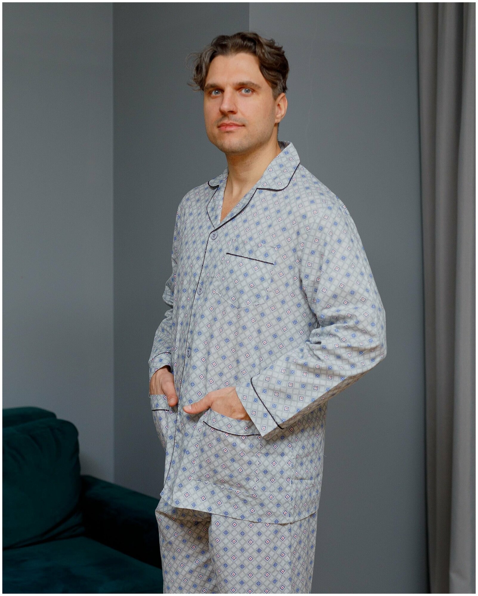 Пижама мужская с брюками и рубашкой с длинным рукавом хлопок Global_размер52 - фотография № 8