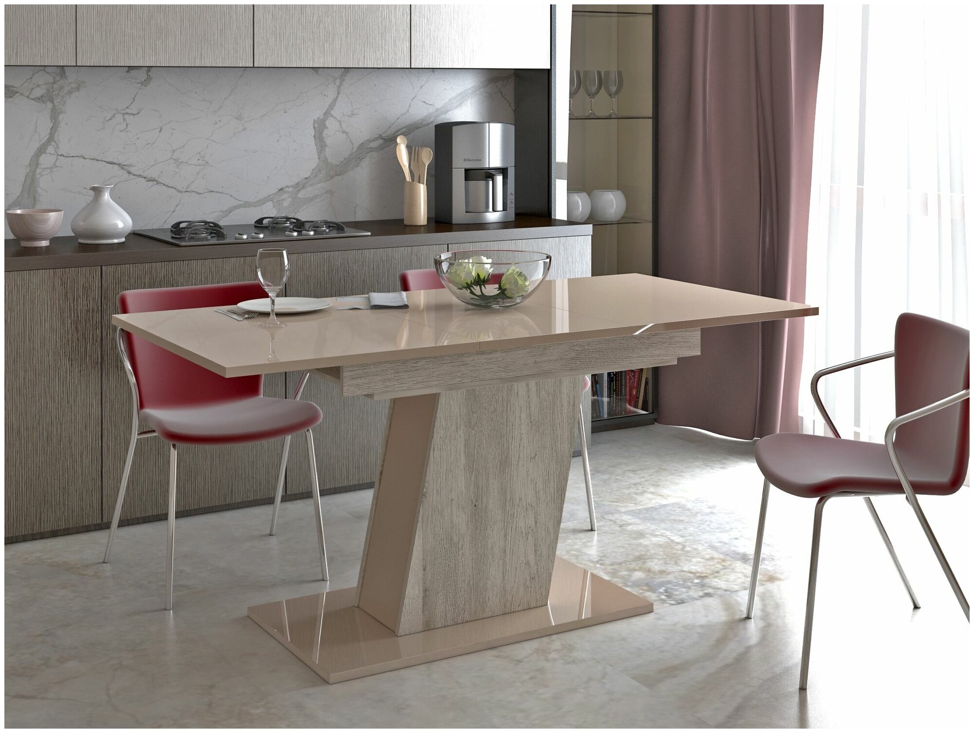 фото Стол обеденный Bergamo 7, батл рокк/бежевый глянец, 120(162)х80х77 см, раздвижной, стол кухонный, стол трансформер, прямоугольный