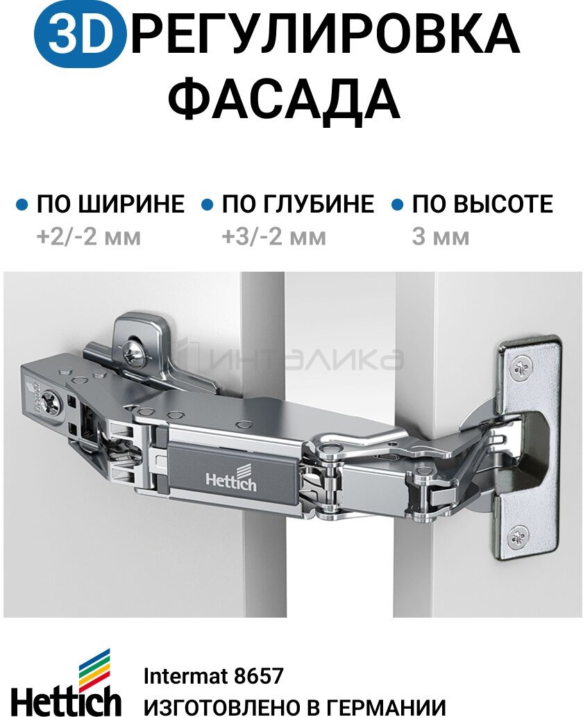 Комплект накладных петель для фасадов 15 - 32 мм HETTICH INTERMAT 8657 без доводчика 165 градусов - фотография № 3