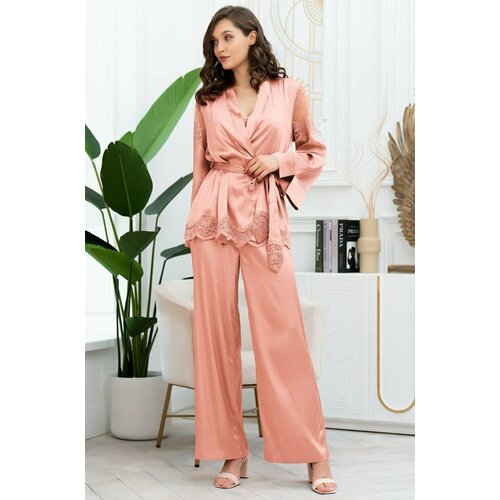 фото Пижама mia-amore, топ, жакет, брюки, длинный рукав, размер l-48, бежевый, розовый