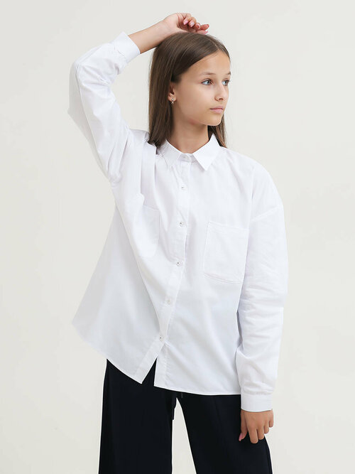 Школьная рубашка Formaschool, оверсайз, на пуговицах, длинный рукав, манжеты, карманы, однотонная, размер 176, белый