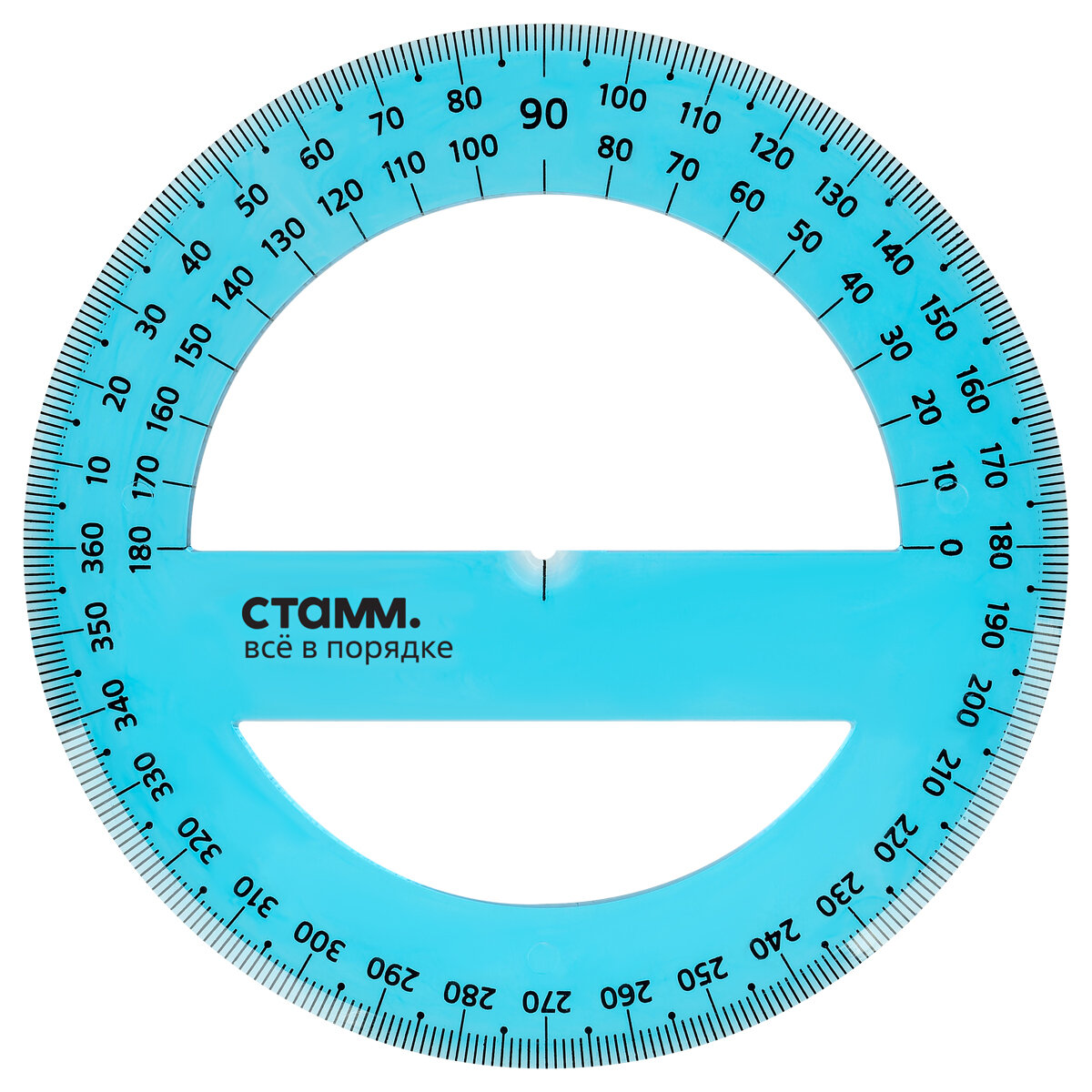 Транспортир 1шт Стамм 360°, 10см, пластик, прозрачн, неон. цвета