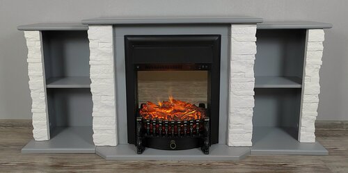 Изображение товара Камин электрический Мальта с тумбами, очаг Fobos, Серый/камень белый, напольный с обогревом. Электрокамин