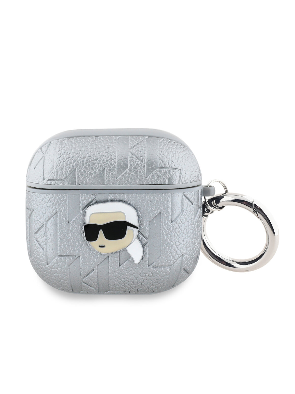 Lagerfeld для Airpods 4 чехол PU Saffiano Monogram with ring NFT Metal Head Karl Silver