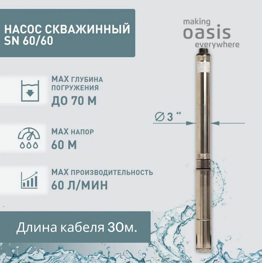 Насос скважинный making Оasis everywhere SN 60/60 (900 Вт максимальный напор 60 м 60 л. мин IP68) / для водоснабжения / для сада и дачи