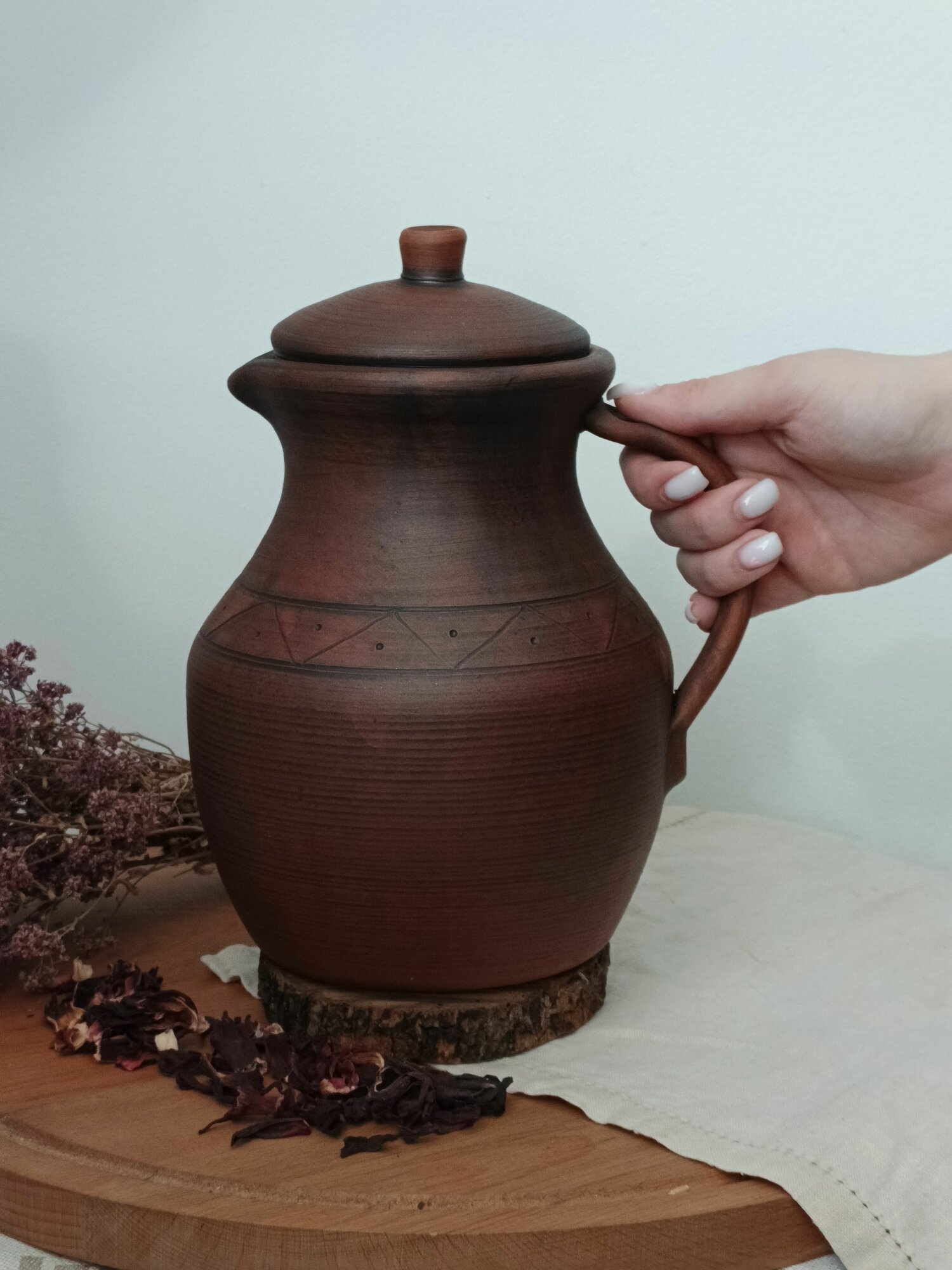 Кувшин с крышкой глиняный "Точка" для молока, кваса, воды 1,5 л/керамическая эко посуда