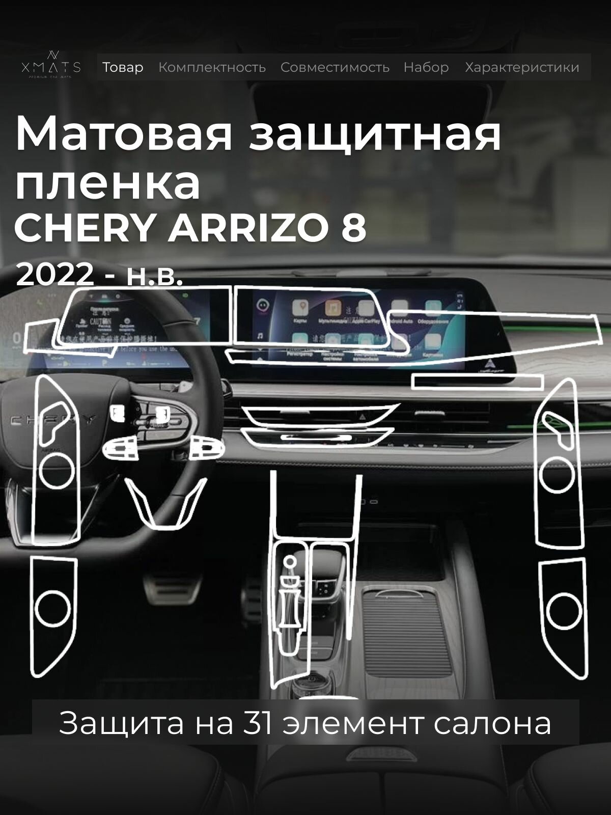 Защитная матовая пленка в салон на Chery Arrizo 8 c раздельным монитором, с электрической регулировкой сидений
