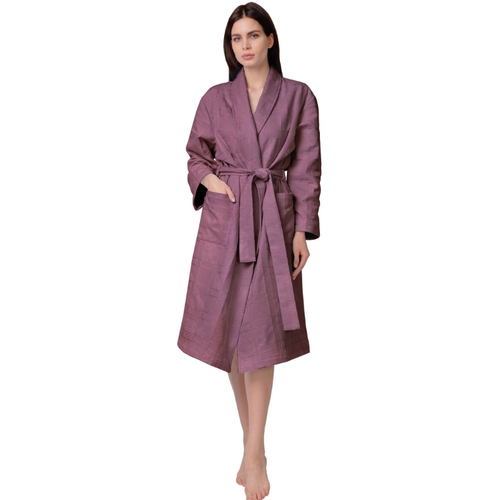 фото Халат вологодский текстильный комбинат средней длины, на завязках, длинный рукав, карманы, банный, пояс, размер 52-54, фиолетовый