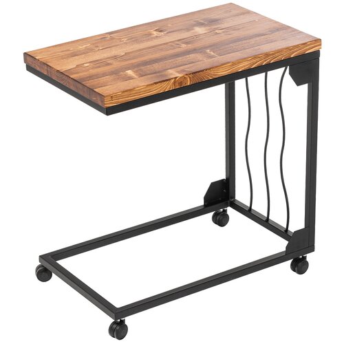 фото Журнальный консольный стол на колесиках ilwi черный/светло-коричневый из стали и дерева в стиле лофт высотой 60 см