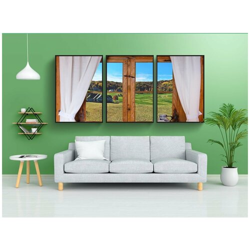 фото Набор модулных постеров для интерьера "деревенский вид, деревенька, занавеска" 60x90 см. в тубусе, без рамки lotsprints