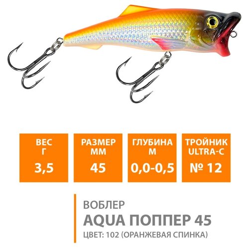 воблер для рыбалки поверхностный aqua поппер 95mm 24 5g цвет 102 Воблер для рыбалки поверхностный AQUA Поппер 45mm 3.5g цвет 102
