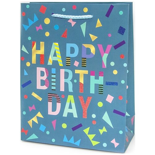 фото Пакет подарочный, с днем рождения! (яркие буквы), бирюзовый, с блестками, 32*26*10 см, 1 шт. дон баллон