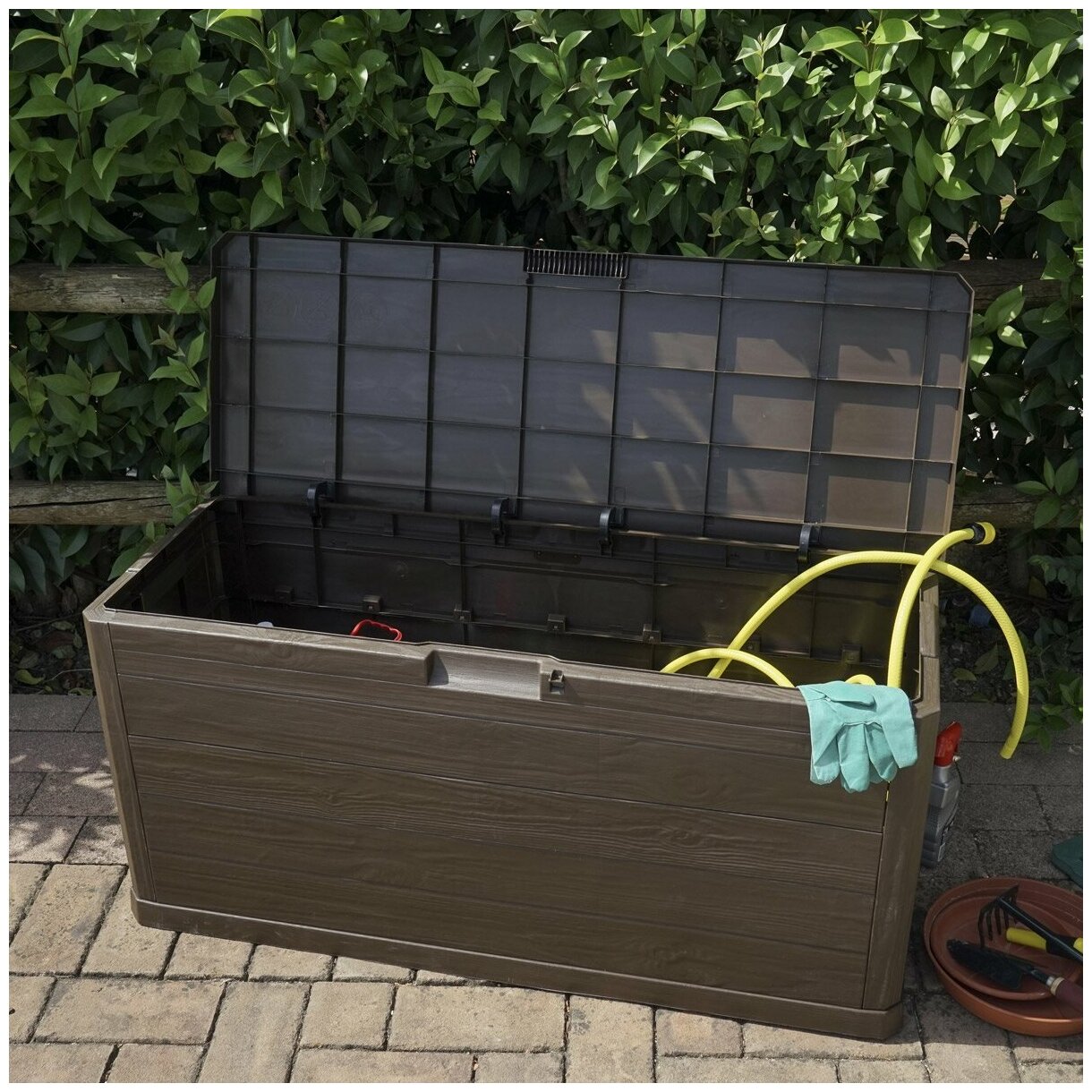 Садовый сундук для хранения вместительный TOOMAX WOODY'S LINE S BOX (56x117х45), 280 л, коричневый - фотография № 6