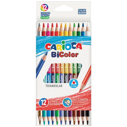 Карандаши 24 цвета двусторонние Carioca BiCOLOR, 3.3 мм, трёхгранные, деревянные, картон, европодвес