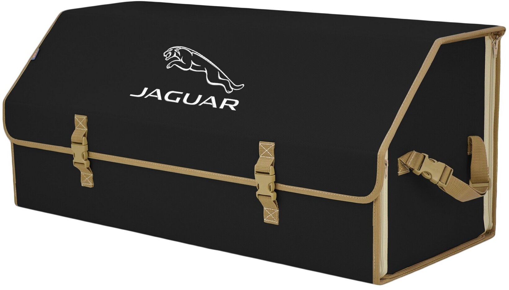 Органайзер-саквояж в багажник "Союз" (размер XXL). Цвет: черный с бежевой окантовкой и вышивкой Jaguar (Ягуар).
