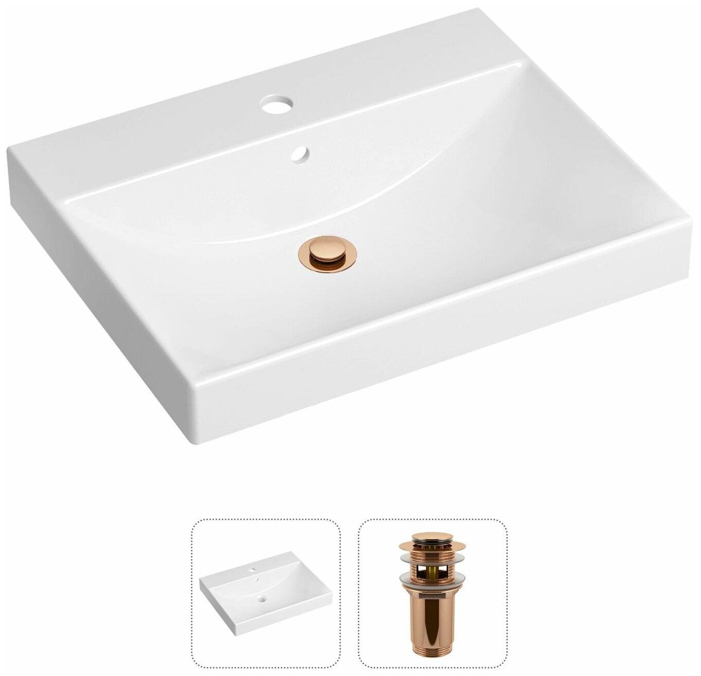 Врезная раковина в ванную Lavinia Boho Bathroom Sink 21520894 в комплекте 2 в 1: умывальник белый, донный клапан в цвете розовое золото