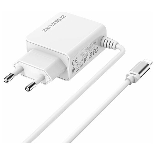 Зарядное сетевое устройство Apple 8 pin, 2 USB Borofone, BA35A, кабель 1.0м, цвет белый сетевое зарядное устройство borofone ba35a с кабелем lightning original белый