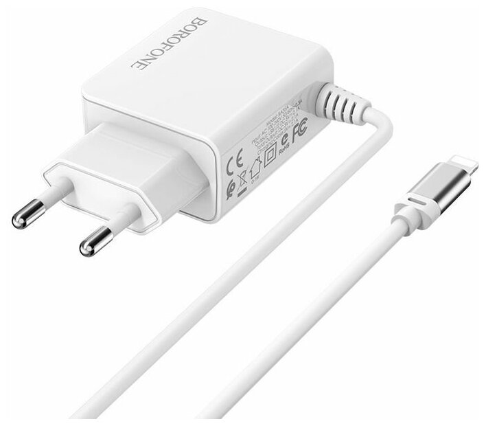 Сетевое зарядное устройство BOROFONE BA35 Brilliant 2xUSB, 2.1А, интегрированный кабель Lightning 8-pin, 1м (белый)