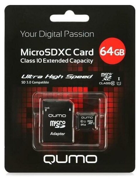 Карта памяти Micro SDXC 64Gb class 10 UHS-I QUMO QM64GMICSDXC10U1 + SD adapter