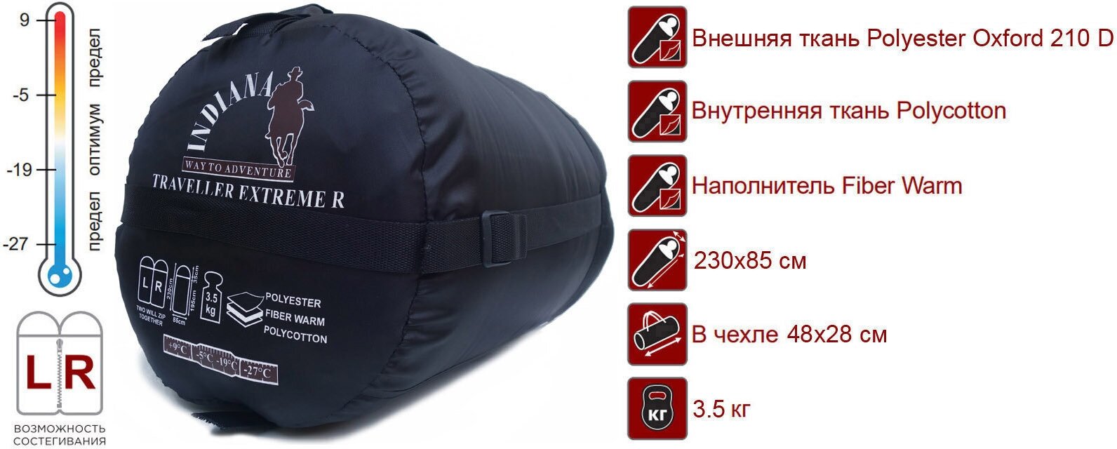 Спальный мешок "INDIANA" Traveller Extrime R-zip от -27C (с подголовником 230x90см)