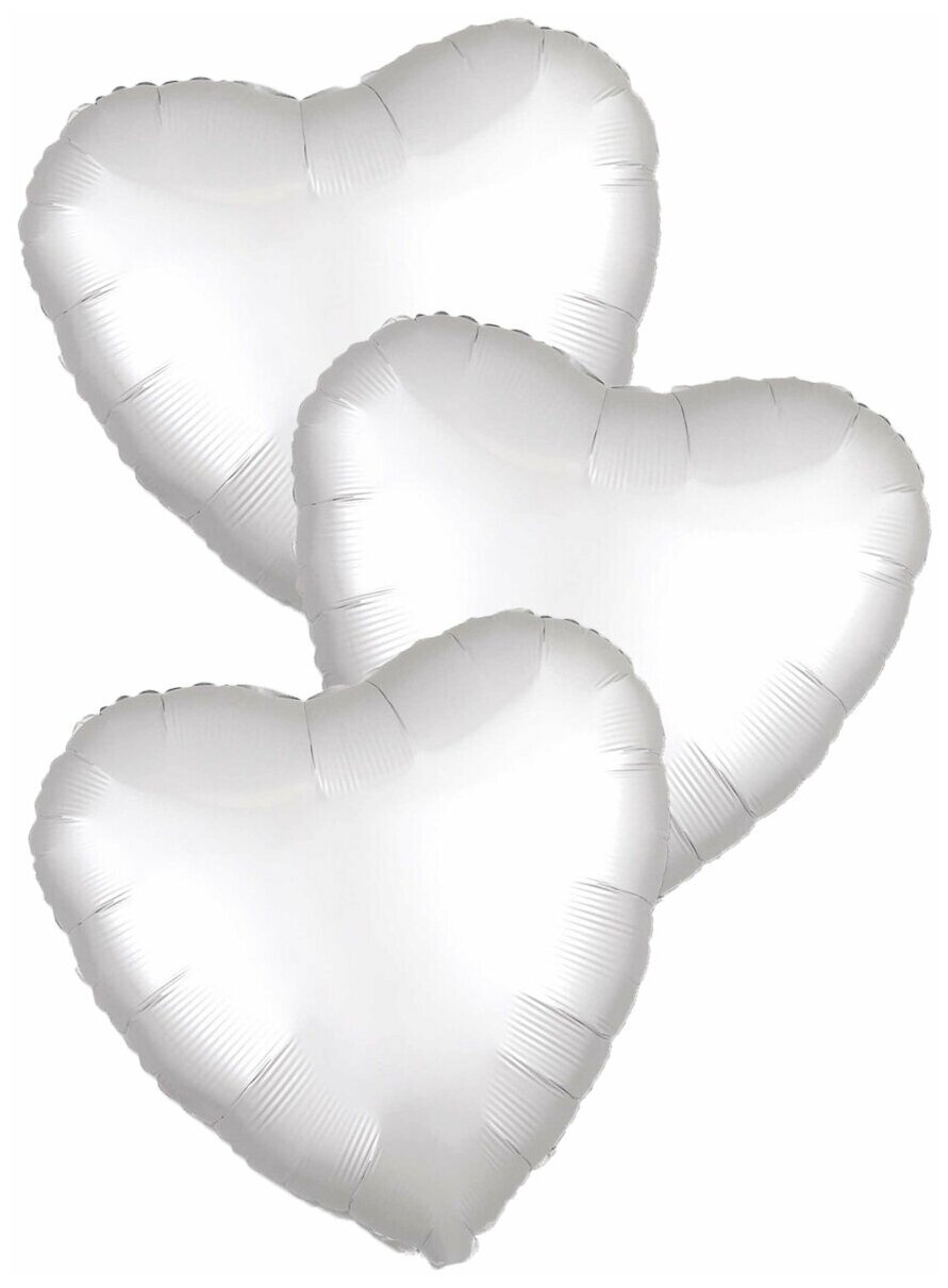 Воздушные шары фольгированные Agura Сердца, Сатин, Белый, 46 см, набор 3 шт