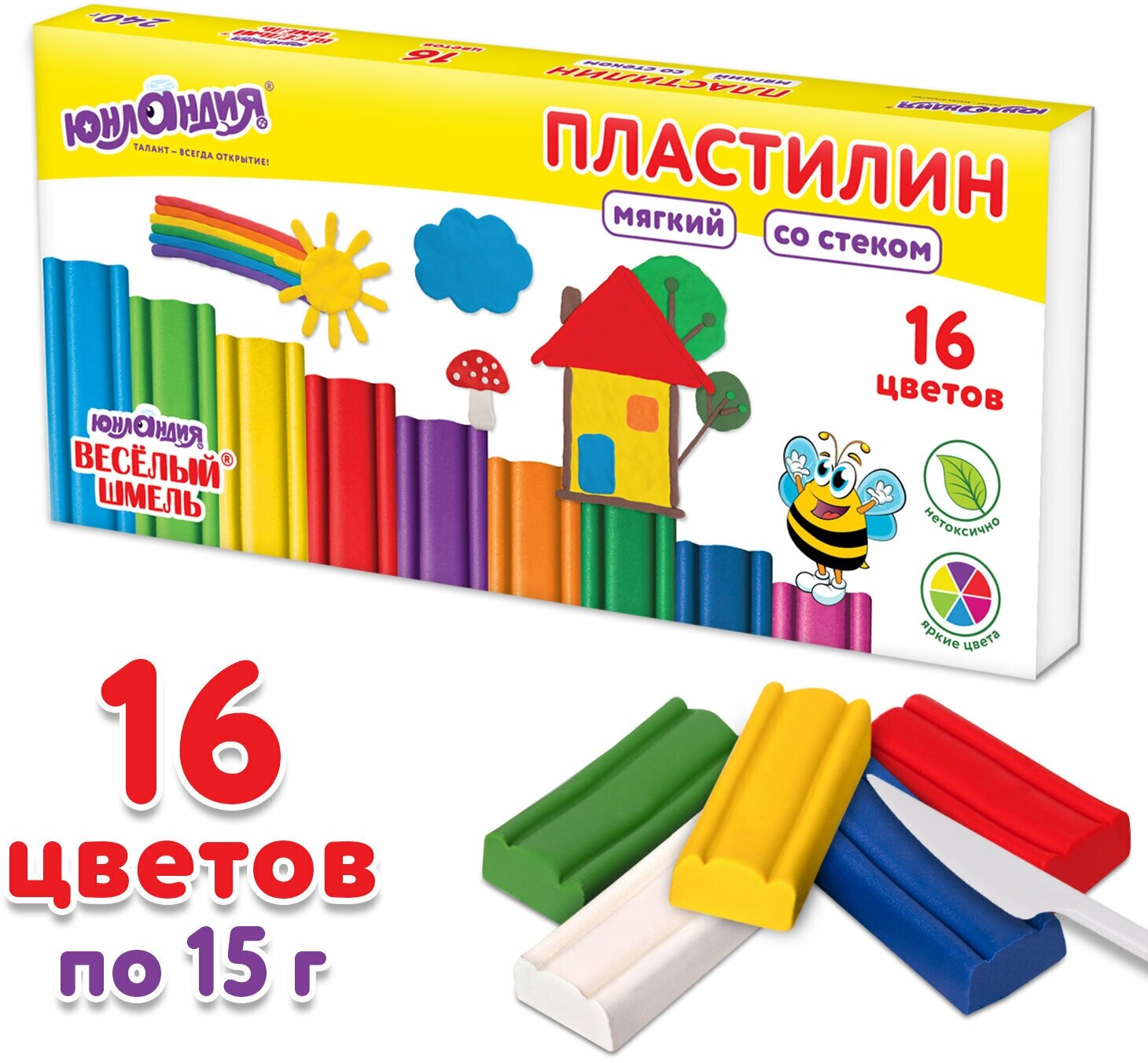 Пластилин мягкий юнландия "веселый шмель", 16 цветов, 240 г, со стеком, 106673