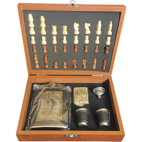 Набор фляга с шахматами со стопками, воронкой и искровым механизмом Джим Бим