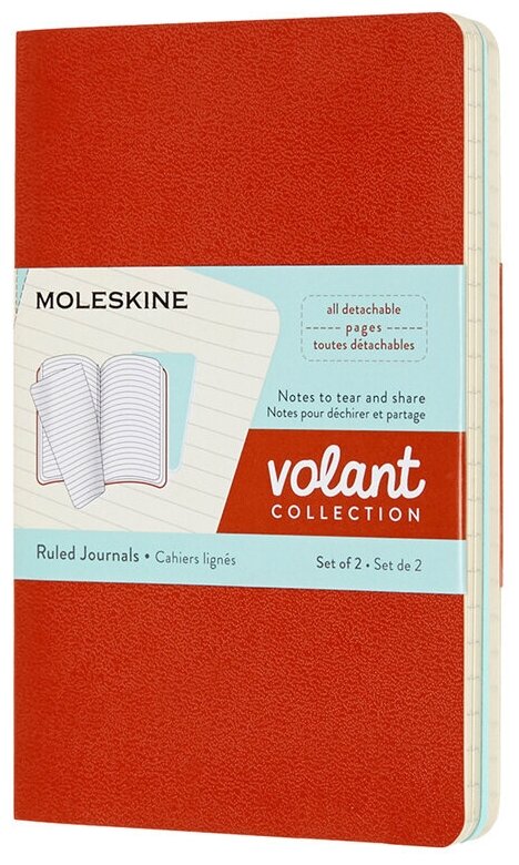 Блокнот Moleskine VOLANT QP711F16B24 Pocket, 90x140 мм, 80 страниц, линейка, мягкая обложка, оранжевый/голубой (2 штуки)