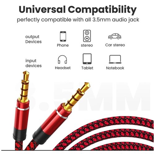 AUX кабель 3.5-3.5 мм (M-M), 1 метр, красный нейлоновая оплетка STARK