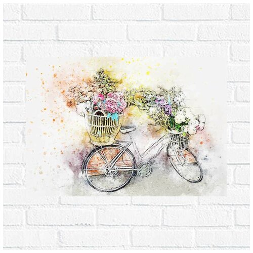 фото Постер рисунки акварель велосипед цветы, 30x40 см, бумага вау холст