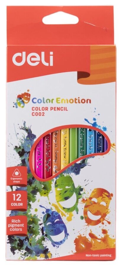 Карандаши цветные Deli EC00200 Color Emotion трехгранный липа 12 цветов коробка/европодвес (12 штук)