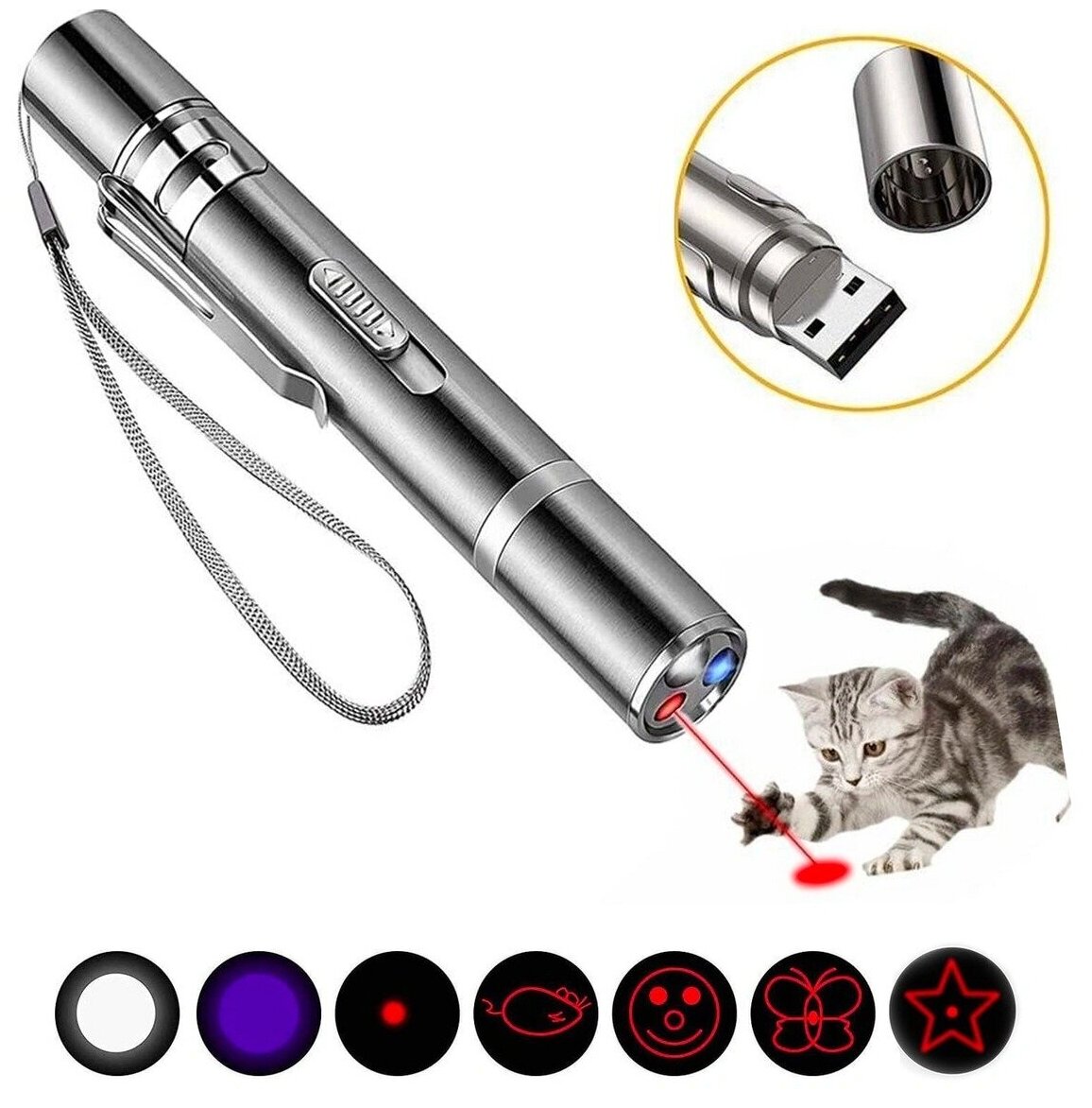 7 в 1 USB Ручной Перезаряжаемый LED светодиодный фонарик, лазерная указка, Игрушка для кошек, котов и собак с УФ детектором USB Зарядка