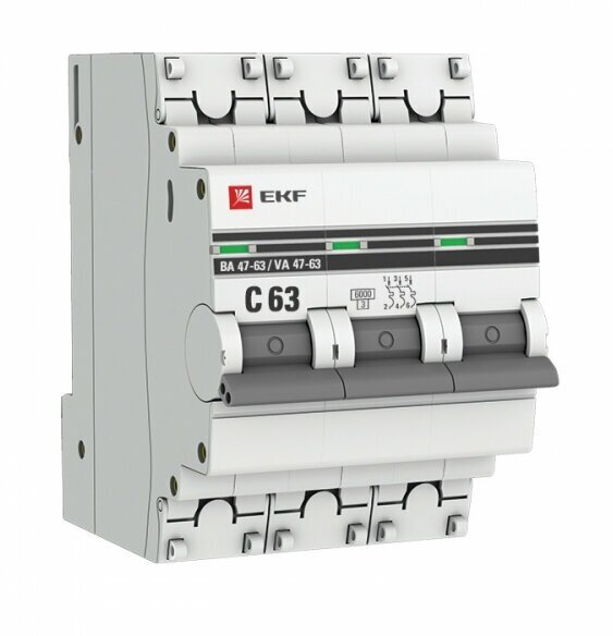 Выключатель автоматический 3П 63А характеристика C 6кА EKF ВА47-63 PROxima (упаковка 4 шт.) - фотография № 2
