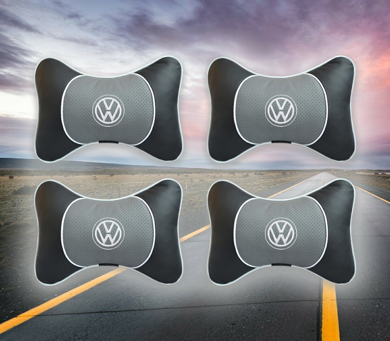 Комплект автомобильных подушек под шею на подголовник с вставкой из серой экокожи и вышивкой для Volkswagen (фольцваген) (4 подушки)