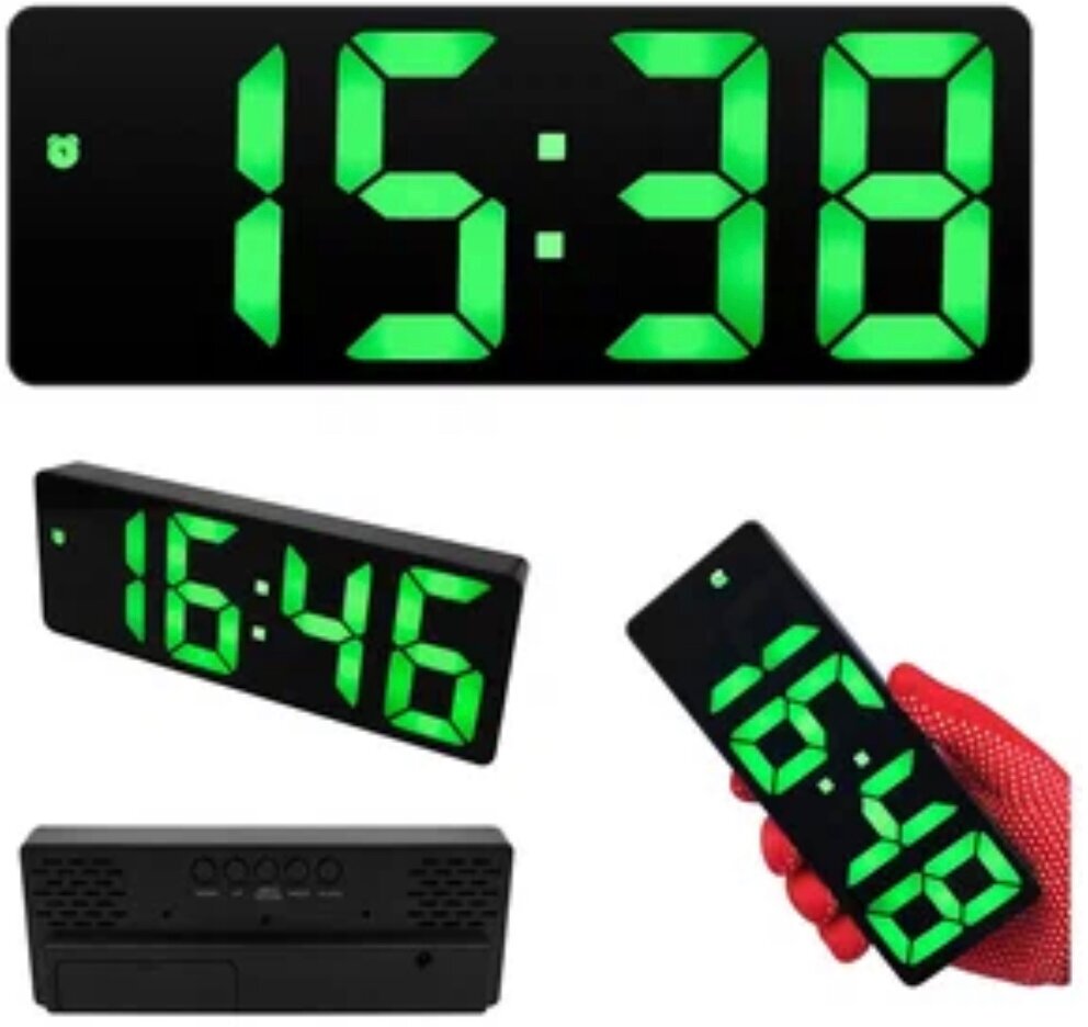 Часы электронные цифровые настольные с будильником термометром и календарем (0712) зелёная подсветка (чёрный корпус)