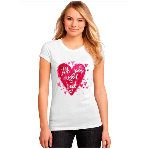 фото "женская белая футболка сердце, красный цвет, любовь". размер l drabs