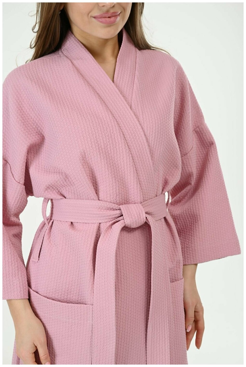 Вафельный халат Кимоно унисекс "Ромбы", пудрово-розовый. Размер 50-52 - фотография № 7