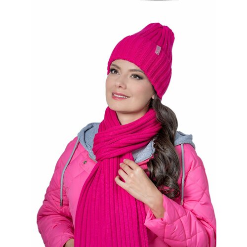 фото Шапка бини landre зимняя, шерсть, вязаная, размер 56-59 см, розовый, фиолетовый
