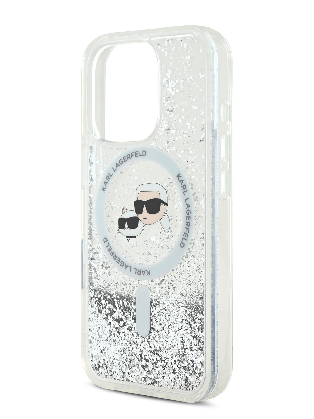 Lagerfeld для iPhone 16 Pro Max чехол Liquid Glitter NFT Karl & Choup Heads Hard Transp (MagSafe)