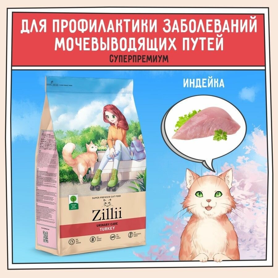 Корм сухой для кошек РН контроль 2 кг, гипоаллергенный ZILLII (Зиллии) Urinary Care Cat, Индейка