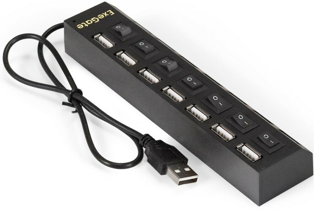 Концентратор Exegate 7-в-1 (кабель-адаптер USB2.0 --> 7xUSB2.0, кнопки включения/отключения для каждого порта, Plug&Play, черный) - фото №9